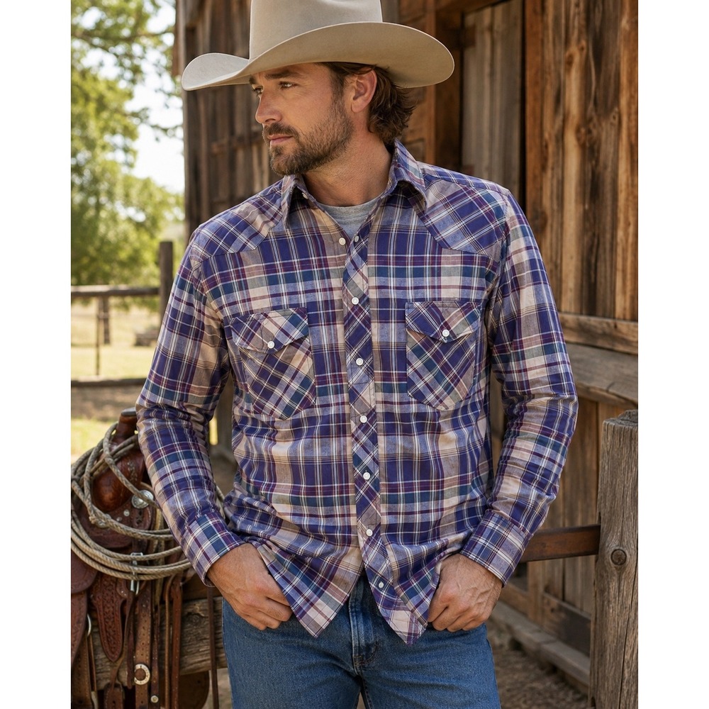 Wrangler Shirt Mens Large Multicolor Plaid Western Cowboy Pearl Snap Long Sleeve